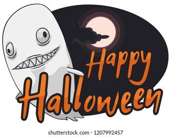 Crazy ghost with spooky face: smile with sharp teeth and crazy eyes flying in a cloudy Halloween night.