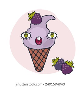 Cara loca de risita Blackberry helado personaje de cono con ojos de garabato. Impresión perfecta para la camiseta, etiqueta engomada, póster. Ilustración vectorial de estilo retro para decoración y diseño.