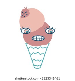 Crazy giggle face strawberry ice cream cone character. Perfect print for tee, sticker, poster. Cartoon vector illustration for decor and design.