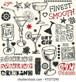 crazy gin drinking doodles, hand drawn design elements