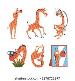 Crazy giraffe in different actions set. Funny African animal character rollerblading, floating in space, spying with binoculars, looking at mirror cartoon vector illustration