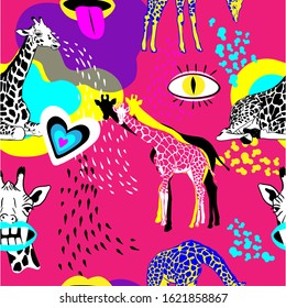 Crazy giraffe on a pink background. Vector pattern.