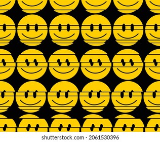 Crazy glitch distortion line smile faces seamless pattern.Vector crazy cartoon character illustration.Smile smiley glitch distortion techno faces acid,trippy seamless pattern wallpaper print concept
