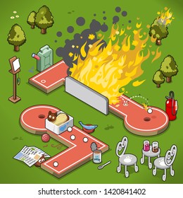 Crazy golf lanes with fire blaze and cats hiding in box as well as underneath a newspaper (isometric illustration)
