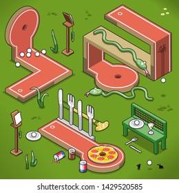 Crazy golf lanes with pizza, impossible angles and snakes (isometric vector)
