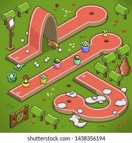 Crazy golf lanes with stone slab obstacles, steeply raised surface and flower pots (isometric view illustration)