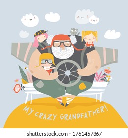 Crazy grandfather with grandchildren playing airplane pilots