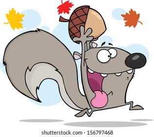Crazy Gray Squirrel Cartoon Character Running With Acorn