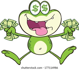Crazy Green Frog Cartoon Character Jumping With Cash. Vector Illustration Isolated on white