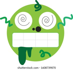 Crazy green goblin emoji. A green face emoticon with dizzy eyes going in spirals, clenched teeth and green saliva dripping out of it's mouth. Expression of dizziness, ugliness, confusion.