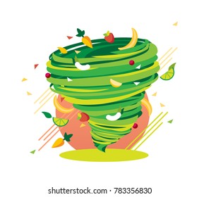 Crazy Green Healthy Fruit Swirl, Mad vitamin Storm, vector illustration
