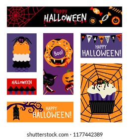 Crazy Halloween banners set. Vector holiday banners with cartoon characters, vector illustration