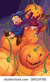 Crazy Halloween Pumpkin with funny boys.
Halloween card poster. Vector illustration.