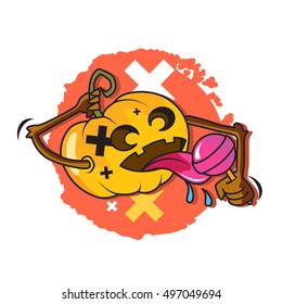 crazy Halloween pumpkin licking candy vector design on white background