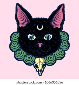 Crazy hand drawn black cat with pink nose and golden moon on a forehead wearing the green pearls with mouse scull. Vector isolated illustration on a pink background.