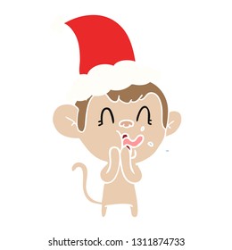 crazy hand drawn flat color illustration of a monkey wearing santa hat