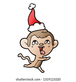 crazy hand drawn gradient cartoon of a monkey running wearing santa hat