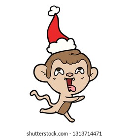 crazy hand drawn line drawing of a monkey running wearing santa hat