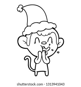 dibujo de línea de mano loca de un mono con sombrero santa