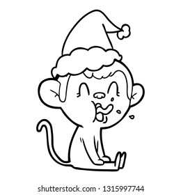 crazy hand drawn line drawing of a monkey sitting wearing santa hat