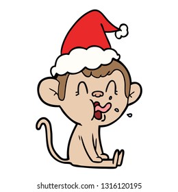 crazy hand drawn line drawing of a monkey sitting wearing santa hat