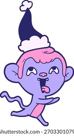 Dibujo de línea dibujado a mano loco de un mono corriendo con sombrero de Santa en color neón brillante