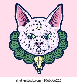 Crazy hand drawn white cat with pink nose and golden moon on a forehead wearing the green pearls with mouse scull. Vector isolated illustration on a pink background.