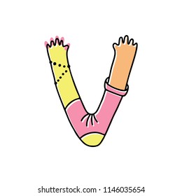 crazy hands alphabet, hand drawn letter V, original design, trendy logo. Vector illustration on the white background