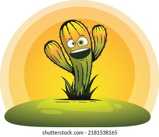 crazy happy screaming Cactus man standing alone in desert  with sunrice golden hour