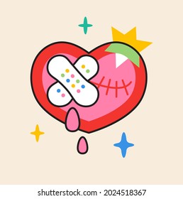Vector de pegatinas de corazón loco. El personaje cómico abstracto con un gran ojo furioso en un estilo moderno dibujado a mano. Elementos y formas personalizados para redes sociales en colores brillantes.