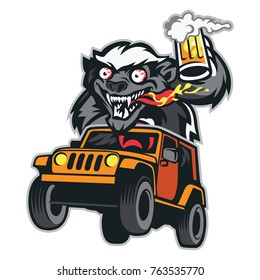 Crazy Honey Badger Mascot Riding Jeep with Hold a Beer :  Layered Vector Illustration - Easy to Edit