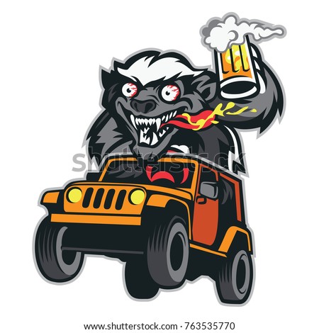 Crazy Honey Badger Mascot Riding Jeep with Hold a Beer :  Layered Vector Illustration - Easy to Edit