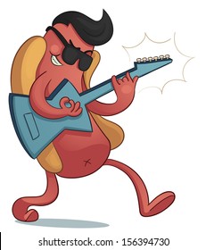 Crazy Hot Dog Playing Electric Guitar. 
