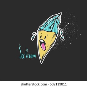 Crazy ice cream. Cute cheerful character. Ice cream with his tongue hanging out and sweating. It Can Be Used For Printing On T-Shirts Or Ideas For Tattoos.