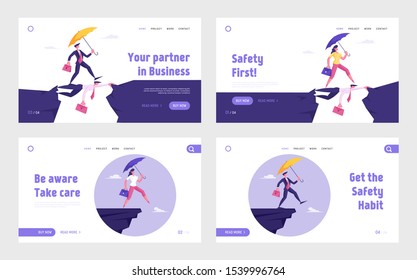 Crazy Idea, and Courage, Leap of Faith Website Landing Page Set. Crisis Protection Concept. Business Woman and Man with Umbrella Walk over Heads Web Page Banner. Cartoon Flat Vector Illustration