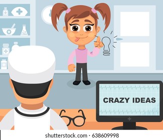 Crazy ideas medical concept. Vector illustration. Doctor and patient are talking in the hospital. Isolated on white background.