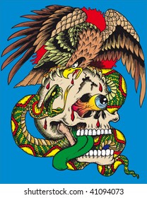 a crazy illustration of a skull with a snake and an eagle