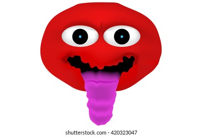 Crazy and insane red emoticon with lolling tongue (tongue out of mouth). Red face with pink tongue out. Malicious red faced emoticon with pink tongue. Isolated on white background.