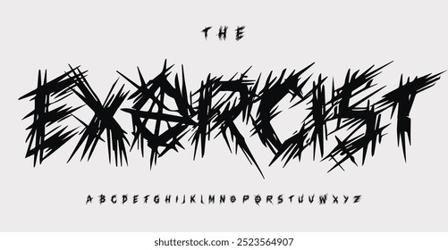 Alfabeto irregular louco, letras arranhadas na parede, fonte estranha caótica para o logo do thriller punk, manchete assustador, tipografia rebelde, design tipográfico ousado e ousado. Tipo de vetor.