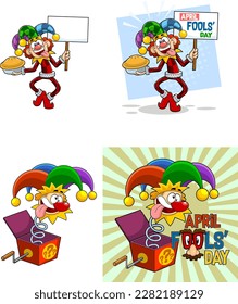 Crazy Jolly Jester Cartoon Characters. Vector Hand Drawn Collection Set Isolated On Transparent Background