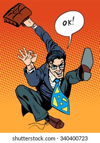 Crazy joyful businessman okay. Pop art retro style. A man is dancing with happiness. Successful financial transaction