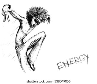 Crazy jumping guy. Energy man with Afro hairstyle. Black and white.