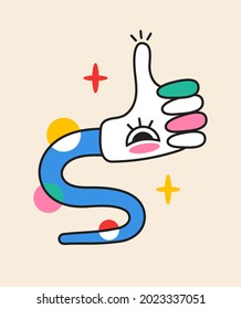 Crazy like hand, thumb up sticker vector. Abstract comic character with big angry eye in trendy hand drawn style. Cute elements and shapes for social net in bright colors.