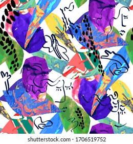 Crazy line drawing style. Hands and feet, faces of women on abstract geometric background. Trendy design for cards, covers and packaging, textiles, clothing, fabrics. Human faces in a modern style.
