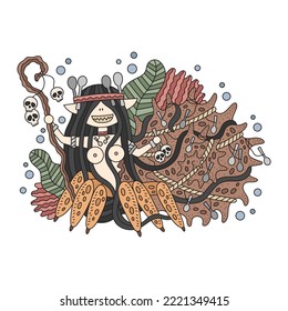 Crazy little mermaid. Hermit crab girl. Underwater monster with house shell. Collector of spoon. Sea witch. Funny colorful catoon vector illustration for adults. Isolated on white
