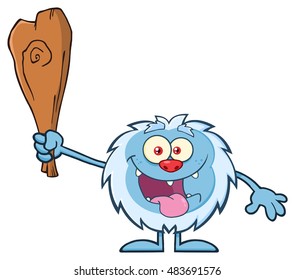 Crazy Little Yeti Cartoon Mascot Character Holding Up A Club. Vector Illustration Isolated On White Background