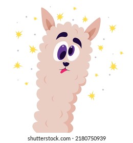 Crazy llama. A llama with oblique eyes of different sizes and stars around the head. 