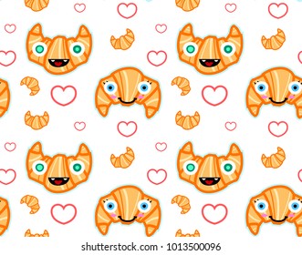 Crazy and in love croissants, seamless pattern. Repetitive vector illustration.