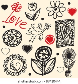 crazy love doodles, hand drawn design elements