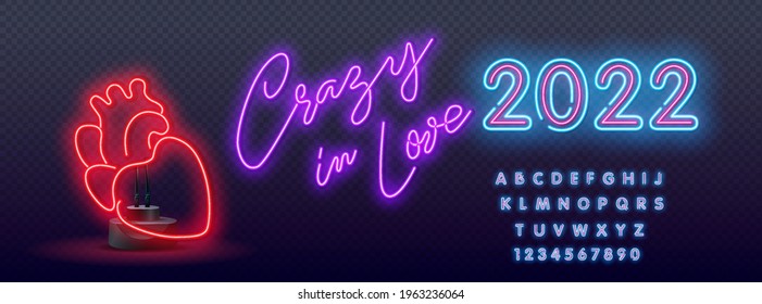 Crazy in Love Neon Signs Style Text vector. Neon heart symbol. Night bright advertisement. Vector illustration in neon style